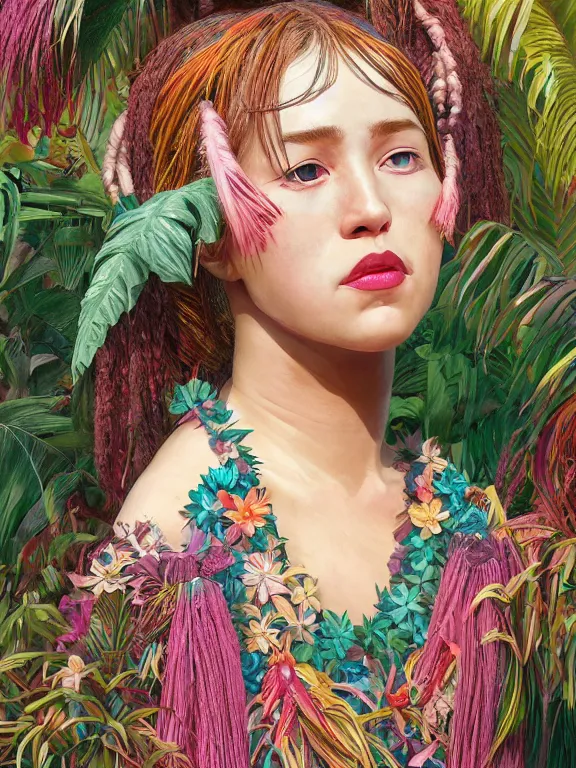 Prompt: beautiful portrait of a Subtropics minority female wearing fantastic Hand-dyed cotton with decorative fringe costume, pigtail,subtropical plants,subtropical plants flowers,intricate, elegant, highly detailed, dim volumetric lighting, 8k,octane,post-processing,digital painting, trending on artstation, concept art, smooth, sharp focus, illustration,by Tom Bagshaw and Daniel Gerhartz and Albert Aublet and Lawrence Alma-Tadema and alphonse mucha