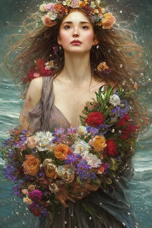 Image similar to portrait of a beautiful mysterious woman holding a bouquet of flowing flowers, wet dripping long hair, hands hidden under the bouquet, emerging from the water, fantasy, regal, intricate, by stanley artgerm lau, greg rutkowski, thomas kindkade, alphonse mucha, loish, norman rockwell