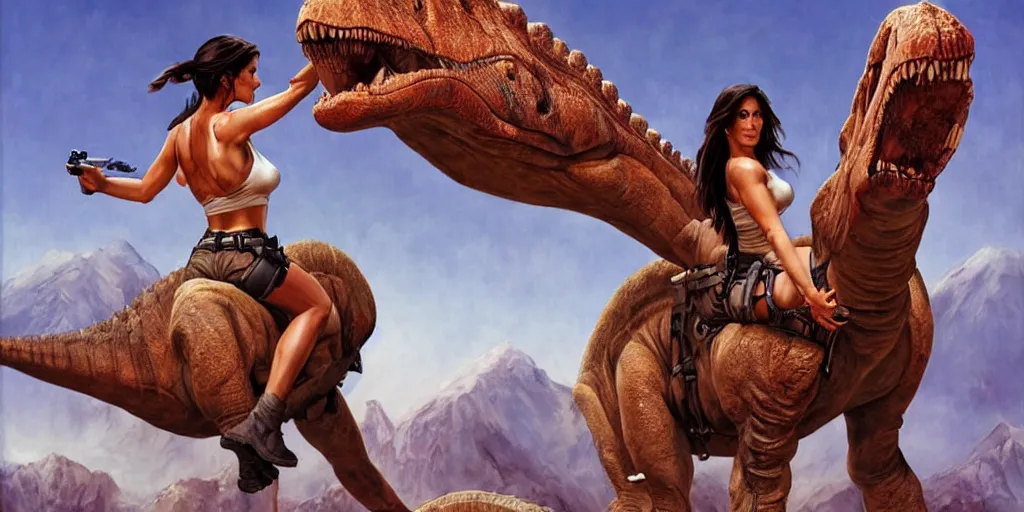 Prompt: Sandra Bullock as Lara Croft mounted and riding a large dinosaur, Boris Vallejo, Julie Bell