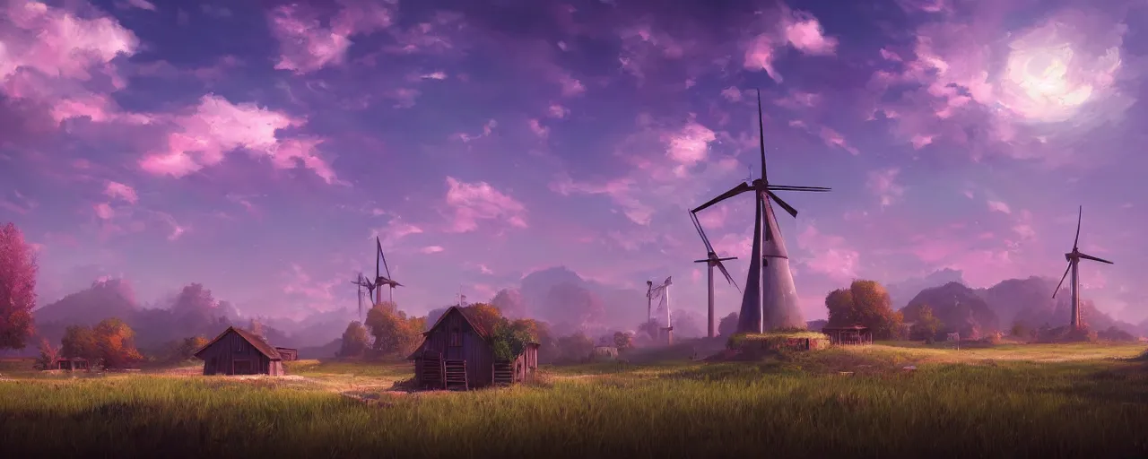 Prompt: landscape with windmills in the distance and a small cabin, dreamlike, vaporwave aesthetic, neon, 8 k uhd, unreal engine, octane render in the artstyle of finnian macmanus, john park and greg rutkowski