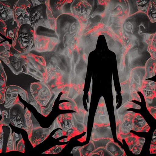 Prompt: a pale figure in a black hood, surrounded by zombies, with swirling glowing red magic, high quality, by anson maddocks, 4 k, digital art