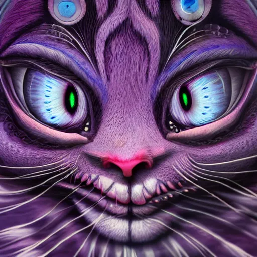 Image similar to An extremely psychedelic portrait of The Cheshire Cat, surreal, LSD, face, detailed, intricate, elegant, lithe, highly detailed, digital painting, artstation, concept art, smooth, sharp focus, illustration