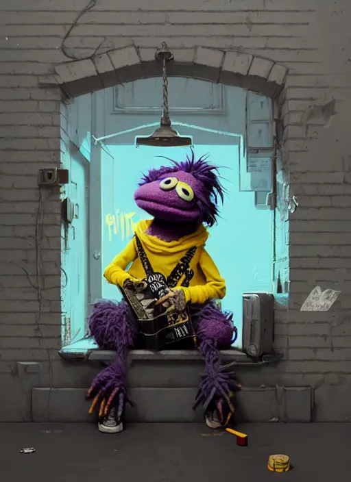 Image similar to highly detailed matte painting, of punk muppet sitting on maximalist 3 d calligraphy graffiti tag light eroding grey walls, by atey ghailan, by greg rutkowski, by greg tocchini, by james gilleard, by joe fenton, by kaethe butcher, yellow, brown, black and cyan mystical color scheme, grunge aesthetic, octane render