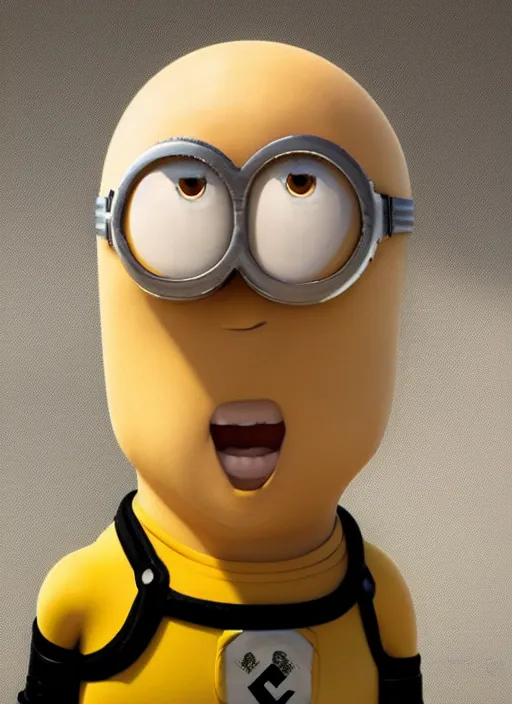 Image similar to masterpiece portrait of one punch man as a minion from despicable me, au naturel, hyper detailed, digital art, trending in artstation, cinematic lighting, studio quality, smooth render, unreal engine 5 rendered, octane rendered, art style by klimt and nixeu and ian sprigger and wlop and krenz cushart