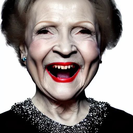 Prompt: symmetrical, close up face portrait of vampire betty white, evil grin, studio lighting, depth of field, photography, black and white, highly detailed