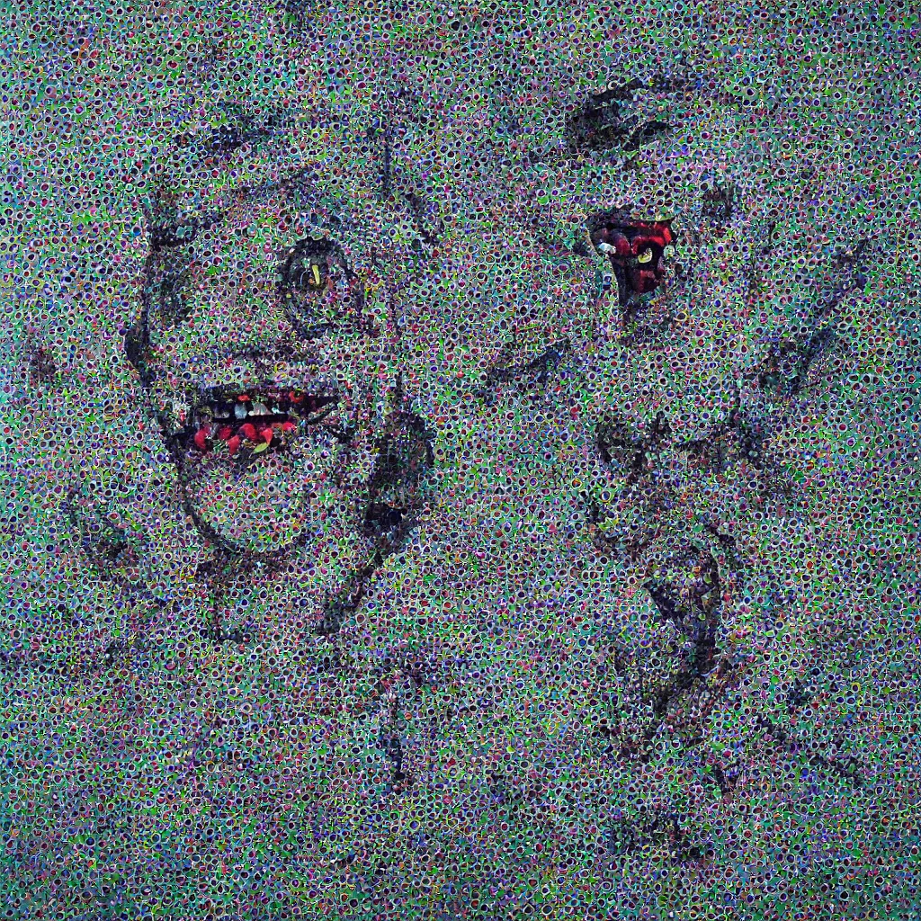 Image similar to camo made of out teeth, smiling, abstract, maya bloch artwork, do hoang tuong artwork, cryptic, dots, stipple, lines, splotch, concrete, color tearing, uranium, neon, pitch bending, faceless people, dark, ominous, eerie, minimal, points, technical, painting