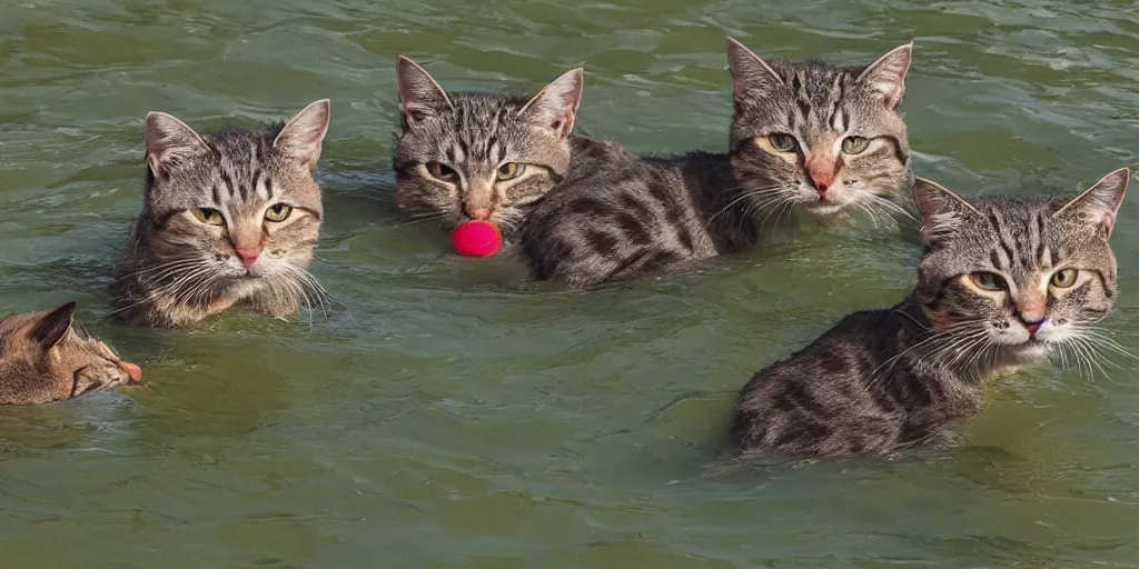 Image similar to cats swimming in the beira lake of colombo sri lanka, in the style of Akira Toriyama