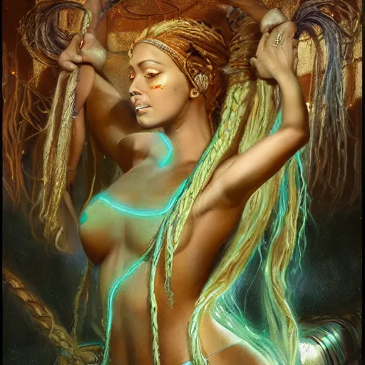 Image similar to birth of mami wata, sumerian goddess inanna ishtar, ashteroth, techno mystic goddess princess intergalactica, with aqua neon rapunzel dreadlocks, mami wata, detailed, by gaston bussiere, bayard wu, greg rutkowski, giger, maxim verehin, greg rutkowski, masterpiece, sharp focus,