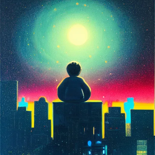 Image similar to a kid in a big city, sits on a rooftop, watches a beautiful night full of stars and tech buildings, dramatic, by paul lehr