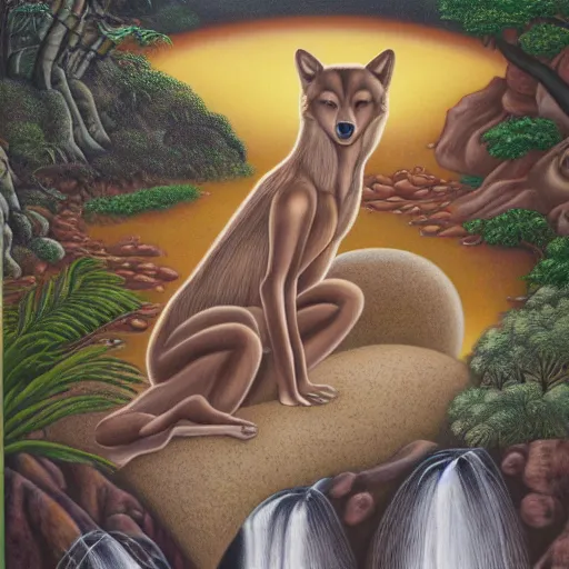 Image similar to an anthromorphic wolf meditating near an african zen waterfall by amanda sage, oil on canvas, 8k