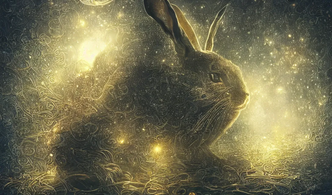 Prompt: best book cover design, glowing silver and golden elements, full close-up portrait of realistic rabbit with opals, book cover, emerald gem forest, white diamond moon, establishing shot, extremely high detail, photo-realistic, cinematic lighting, by Yoshitaka Amano, Ruan Jia, Kentaro Miura, Artgerm, post processed, concept art, artstation, matte painting, style by eddie mendoza, raphael lacoste, alex ross