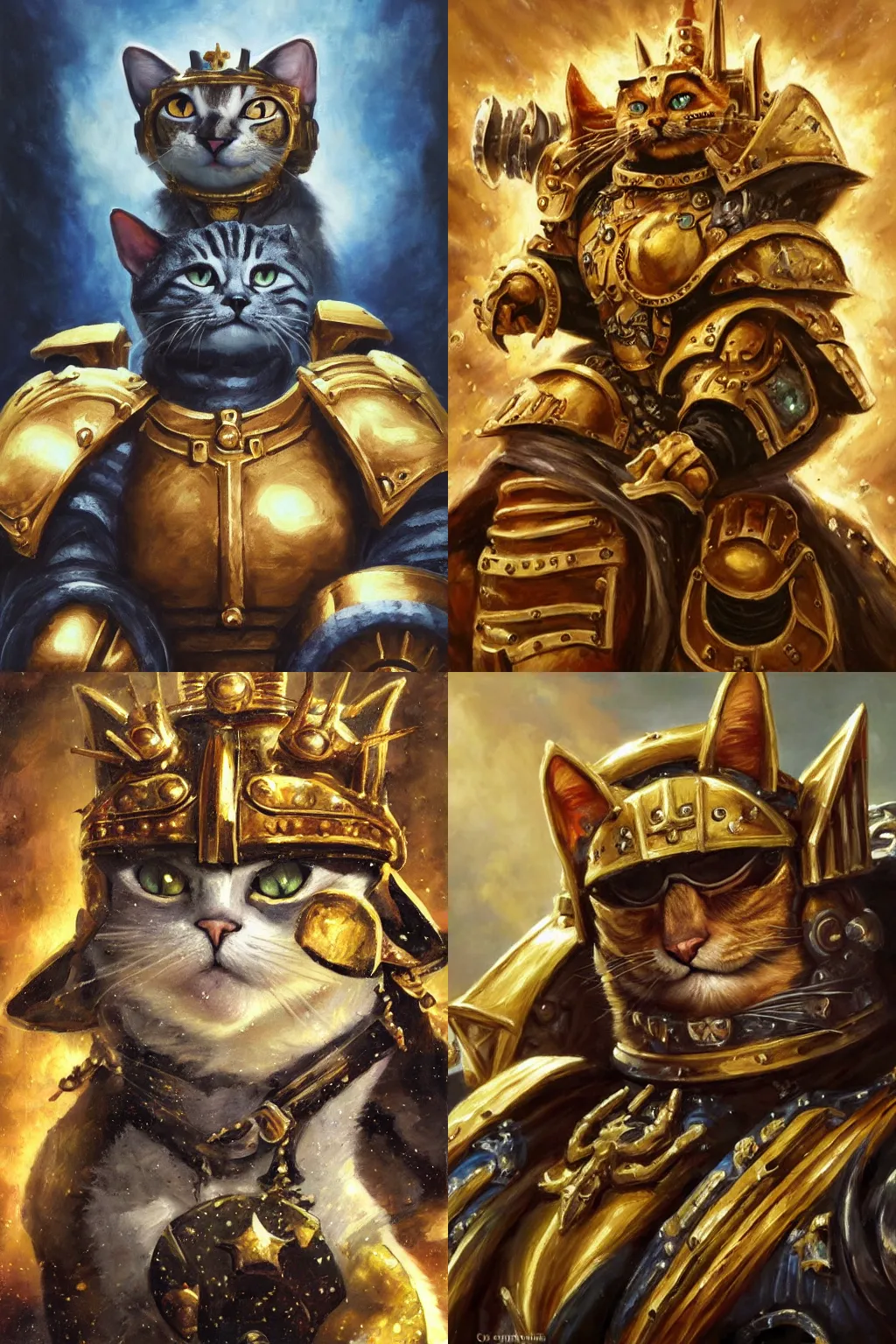 Prompt: an oil painting of a cat as the emperor of Mankind from the Warhammer 40k, saviour of mankind ,sparkly cat eyes, golden armour, glorious, cinematic, realistic lighting, masterpiece, smooth, Warhammer 40k