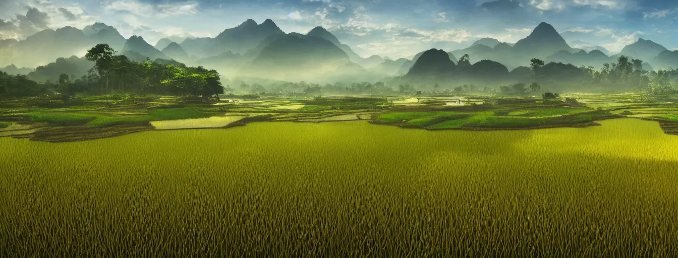 Image similar to Photo of paddy field of Yan, with several village and gunung jerai mountain at the background, wide angle, volumetric light, hyperdetailed, light water, artstation, cgsociety, 8k