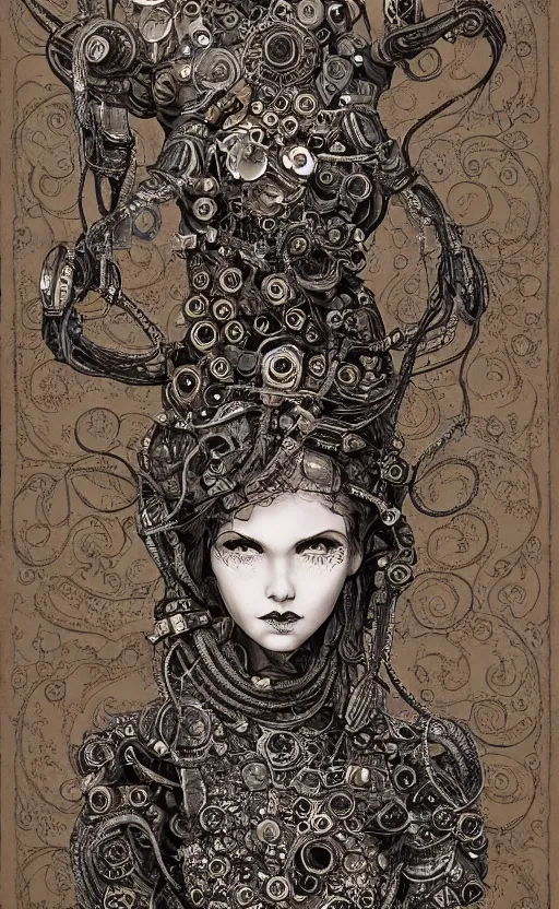 Image similar to beautifully stunning stonepunk woman_integrating_with_technology_full_face_insipiring_detailed_intricate_ornate_cables_connected_to_head_big_open_electric_eyes_ the_singulairty is now by Hironaka, Harumi