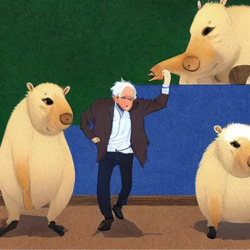 Prompt: Bernie Sanders riding a capybara anime