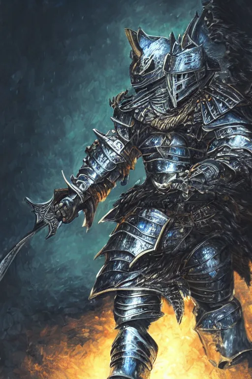 Image similar to a full body shot of an azure knight warrior by Kentaro Miura, Wolf themed armour, colored by Ronda Pattison, heavy armor, kingdom under fire in the background, dark colors, highly detailed, trending on artstation, CGsociety, exquisite detail, post-processing, masterpiece, volumetric lighting, cinematic, hypermaximalistic, high details, cinematic, 8k resolution, beautiful detailed, insanely intricate details