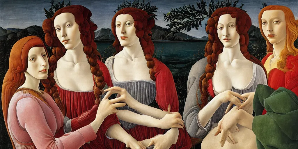 Image similar to a painting of a woman and two other women, a surrealist painting by sandro botticelli, polycount, renaissance, da vinci, pre - raphaelite, fresco