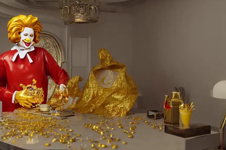 Image similar to a still of ronald mcdonald surrounded by gold and diamonds, award - winning, photograph, 3 d render, unreal engine, 4 k detailed