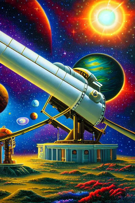 Prompt: a 3 d photorealistic detailed image of a beautiful observatory telescope pointed into deep space, fantasy, by david a. hardy, kinkade, lisa frank, wpa, public works mural, socialist