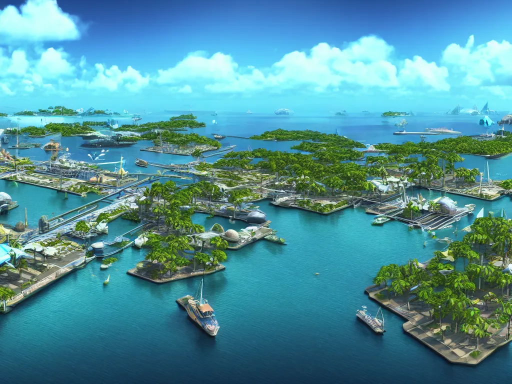 Prompt: a tropical port city, view from the docks out to sea, concept art, 4k