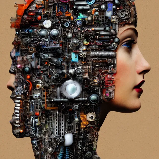 Image similar to profile portrait of a woman, computer parts, mechanical parts, by giuseppe arcimboldo, cyberpunk, futuristic, psychedelic, surreal, sci - fi, dreamlike.