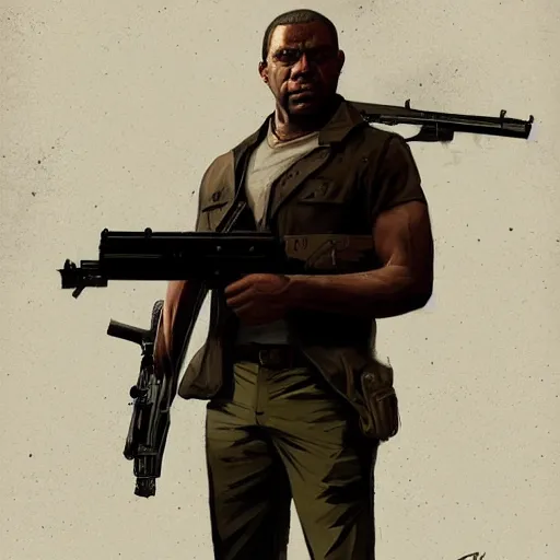 Image similar to franklin from gta v holding a huge machine gun by greg rutkowski