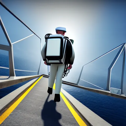 Prompt: a milkman with a jetpack inspecting an endless bridge, photo realistic, realistic lighting, realistic shadows, ocean, bridge, milkman, surface reflections, highly detailed