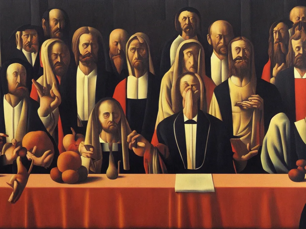 Image similar to crowded last supper painting magritte, renaissance, american gothic, detailed faces