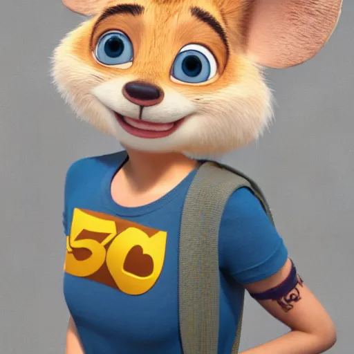 Image similar to 3 d render, portrait, mid shot, anthropomorphic mouse, female, blond fur, blue eyes, wearing denim short shorts, wearing a off yellow tank top shirt, solo, in the style of zootopia