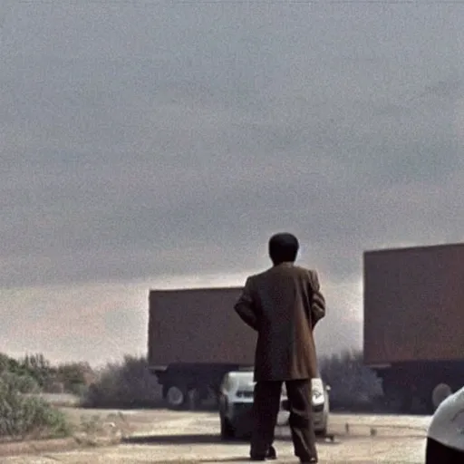 Image similar to low resolution filmstill of a north Korean thriller in the style of Akira Kurosawa