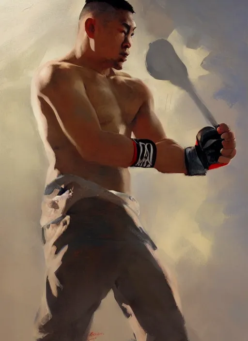 Prompt: greg manchess side portrait of a filipino mma fighter with a scepter sitting on a tank, organic painting, sunny day, matte painting, bold shapes, hard edges, street art, trending on artstation, by huang guangjian, gil elvgren, ruan jia, randy vargas, greg rutkowski