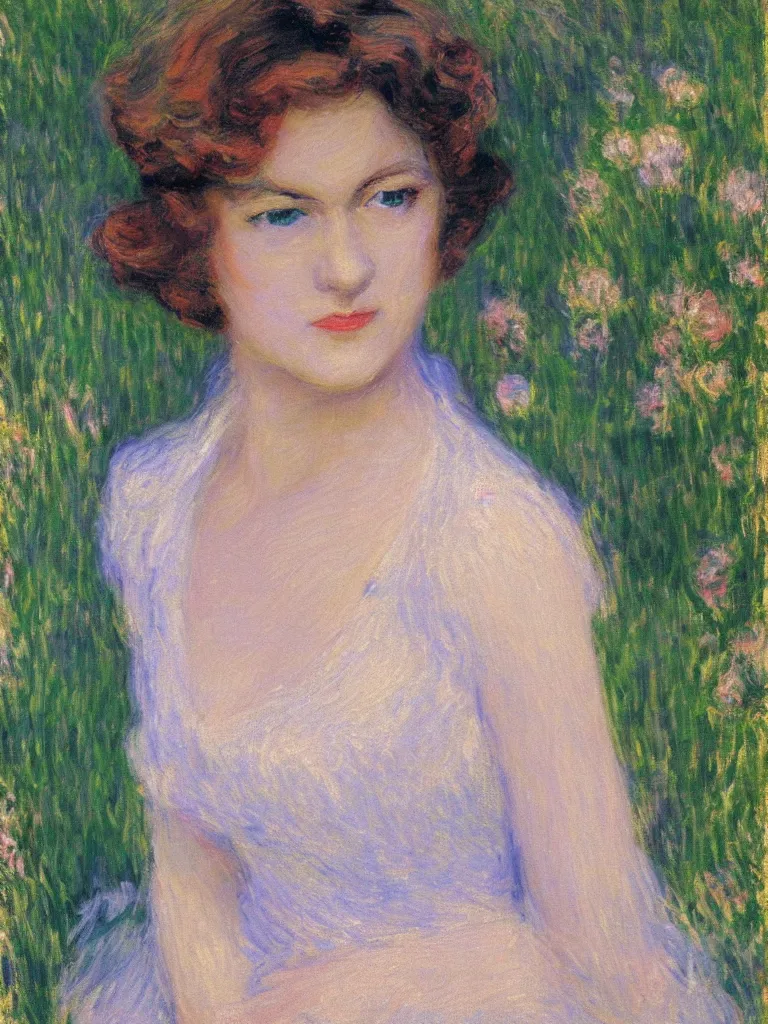 Image similar to portrait of < zelda fitzgerald > as a beautiful young lady, in the sun, slim, out of focus, pleinairism,, backlit, closeup, oil on canvas, atr by monet, in the style of le promenade, smooth, impressionnisme, 8 k