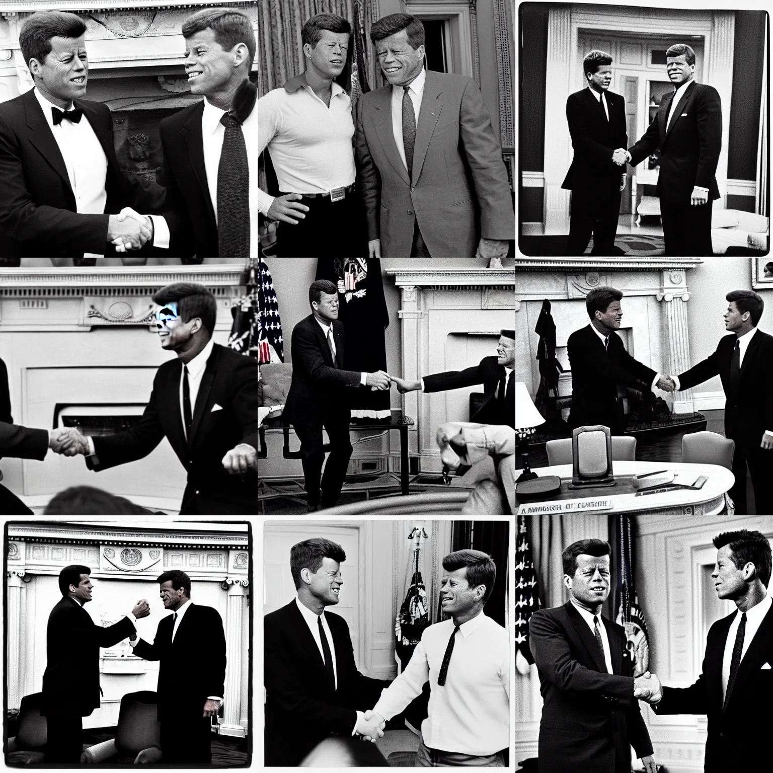 Prompt: John F. Kennedy and Arnold Schwarzenegger from The Terminator (1991) doing a handshake in the White House oval office 1960, monochrome, instagram, trending, photograph, film grain and noise