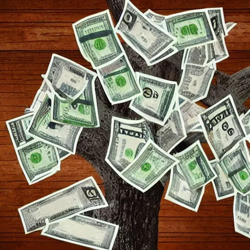 Image similar to A tree with money bills instead of leafs. hyperrealistic