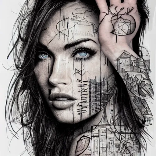 Image similar to double - exposure tattoo sketch of megan fox face beautiful mountains, mash up, blending, in the style of dan mountford