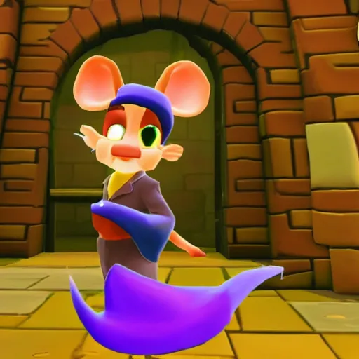 Image similar to screenshot of a cute inspector mouse with a brown trenchcoat as an npc in spyro the dragon video game, with playstation 1 graphics, activision blizzard, upscaled to high resolution