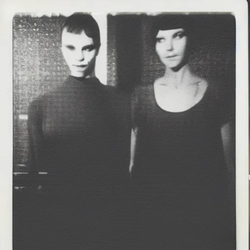 Prompt: two humanoid replicants stand too close to the camera, polaroid, flash photography, photo taken in a completely dark storage room where you can see some clutter in the background