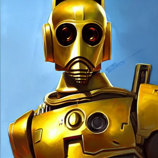 Image similar to greg manchess portrait painting of c 3 po as overwatch character, medium shot, asymmetrical, profile picture, organic painting, sunny day, matte painting, bold shapes, hard edges, street art, trending on artstation, by huang guangjian and gil elvgren and sachin teng