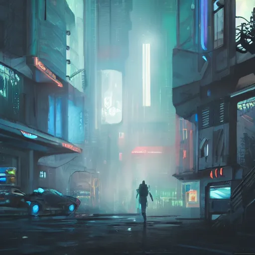 Image similar to Mandalorian, cyberpunk, neon, art station, fog, volumetric lighting, city, dark, gritty