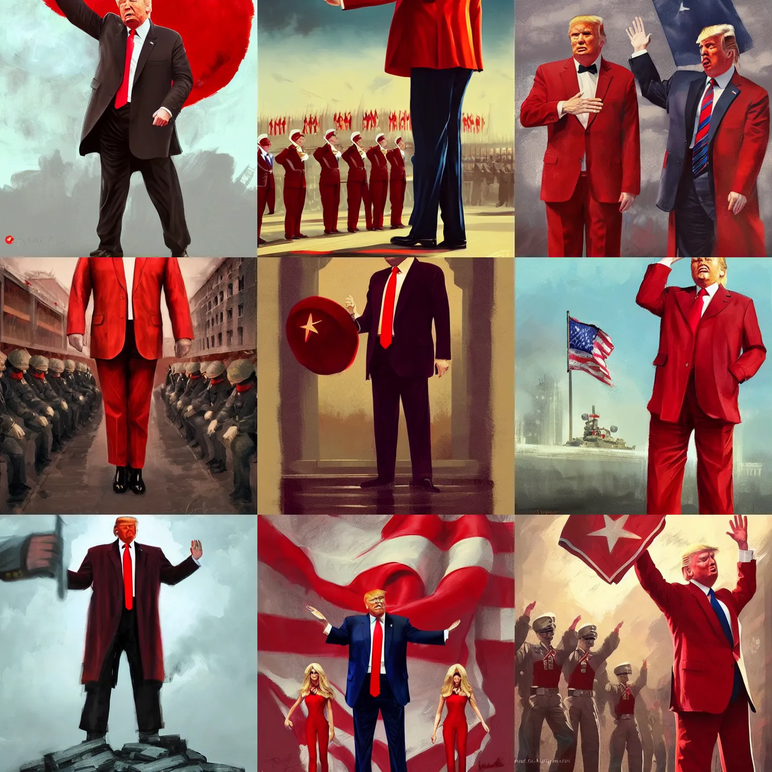 Prompt: donald trump as a communist, doing a military salute, red suit, art by artgerm, greg rutkowski, wlop, studio portrait, highly detailed, digital art, elegant, intricate, concept art, trending on artstation