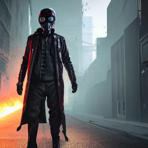 Prompt: hooden villain wearing a gas mask with red goggles, kamen rider, smoke coming out of his body and coat, dark background, in a dark alley, unreal engine 5, ultra realistic, detailed, fog, volumetric lighting, by greg rutkowski,