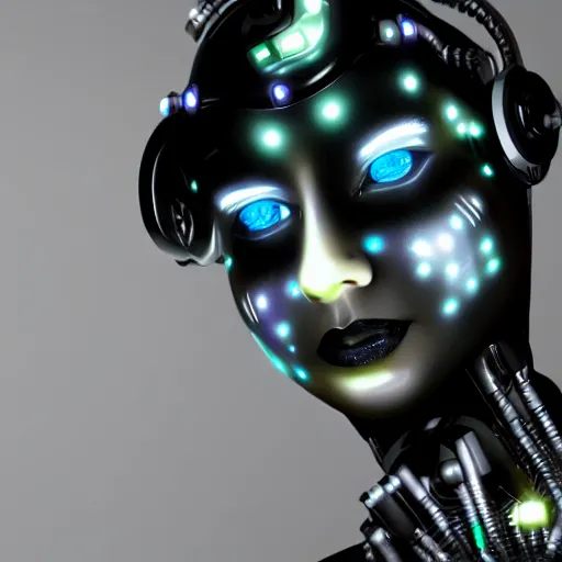 Prompt: an immaculate blender render high key lighting headshot rendering of an attractive curvy cybernetic goth woman with embedded LEDs, a cybernetic eye, and an exoskeleton.