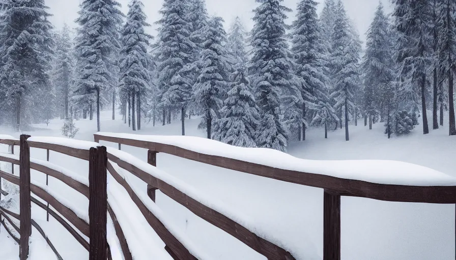 Image similar to wooden guardrails covered by snow in beautiful winter landscape. fog, snowstorm, photorealistic rendering, octane