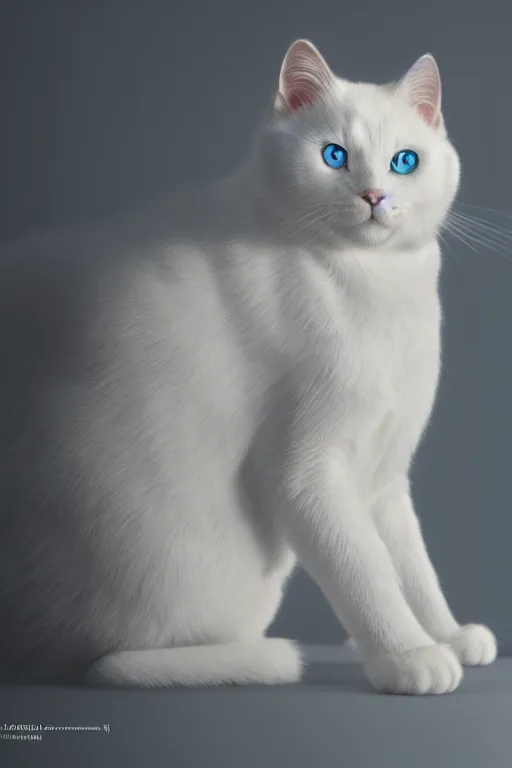 Prompt: hyper - realistic full body portrait of a white cat with blue eyes, photorealism, portrait photography, volumetric lighting, insanely detailed, artstation, 4 k, 8 k