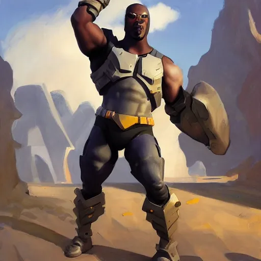 Image similar to greg manchess portrait painting of fully armored the foundation aka dwayne the rock from fortnite as overwatch character, medium shot, asymmetrical, profile picture, organic painting, sunny day, matte painting, bold shapes, hard edges, street art, trending on artstation, by huang guangjian, gil elvgren, ruan jia, greg rutkowski, gaston bussiere