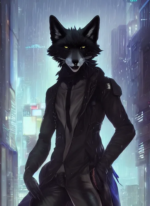 Image similar to award winning beautiful portrait commission art of a male furry anthro black fox fursona with a tail and a cute beautiful attractive detailed furry face wearing stylish cyberpunk clothes in a cyberpunk city at night while it rains. Character design by charlie bowater, ross tran, artgerm, and makoto shinkai, detailed, inked, western comic book art