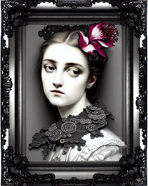 Image similar to masterpiece monochrome profile portrait painting, dutch masters, silver lace floral steampunk biomechanical beautiful one techno eye young female cyborg, big monocular, volumetric light, leaves foliage and stems, hibiscus flowers, gustave dore, rim light, big gothic fashion pearl embroidered collar, 8 k