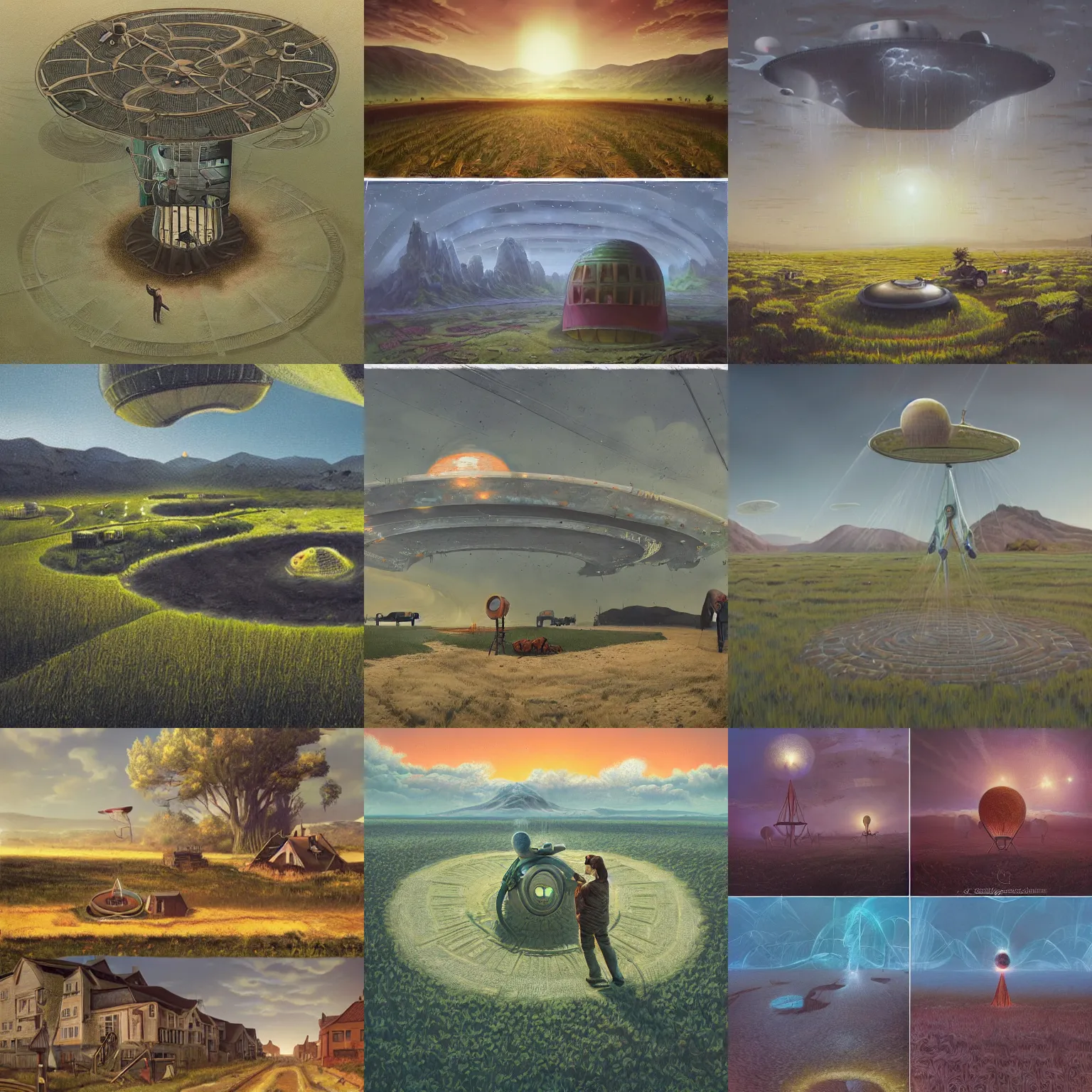 Prompt: crop circles, ufos, alien abductions, alien contact, by tomasz alen kopera and daniel lieske and simon stahlenhag