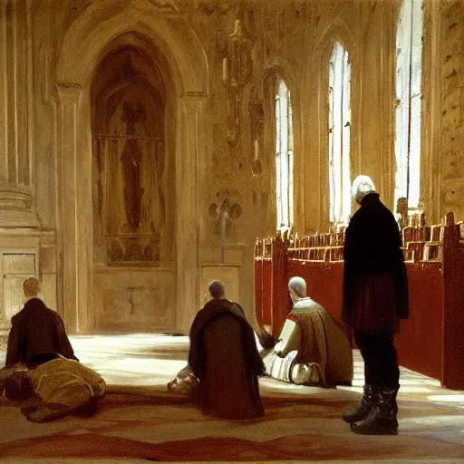 Image similar to painting of medieval kings kneeling before the pope, in a church. arstation, john singer sargent, craig mullins