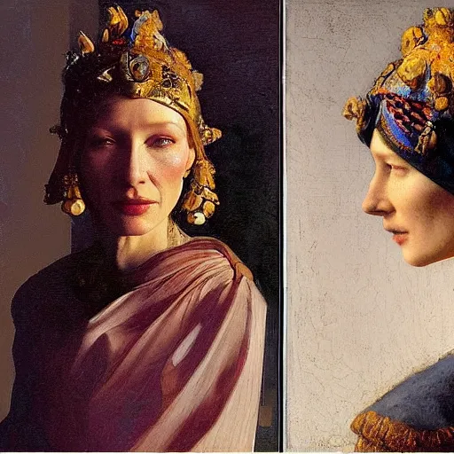 Image similar to cate blanchett by Annie Swynnerton and Nicholas Roerich and Vermeer, strong dramatic cinematic lighting , ornate headdress , lost civilizations, smooth, sharp focus, extremely detailed